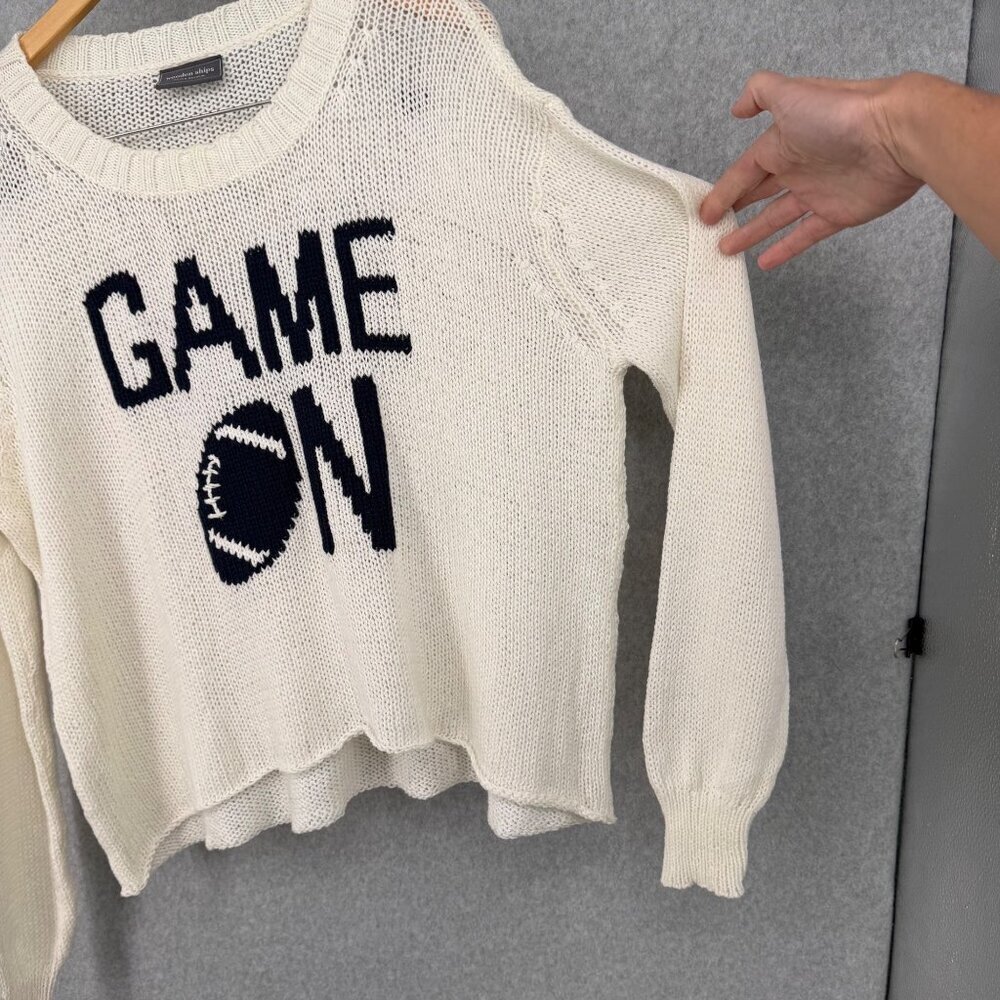 Wooden Ships Game On Football Open Knit Sweater Size M/L White Blue Oversized - Picture 3 of 11
